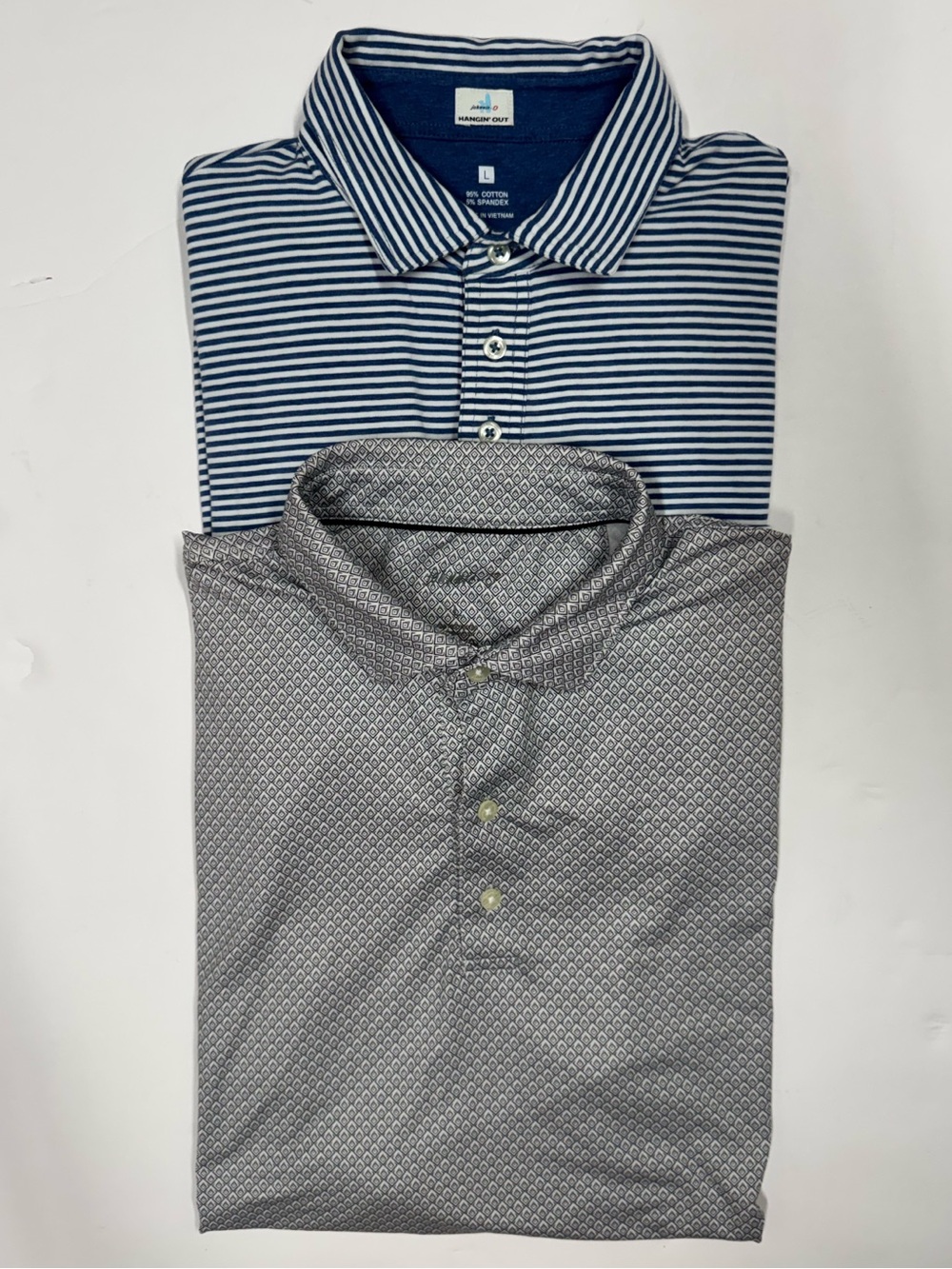 Lot of 2 Johnnie O Polo Shirts Mens L Featherweight Performance Patterned Stripe